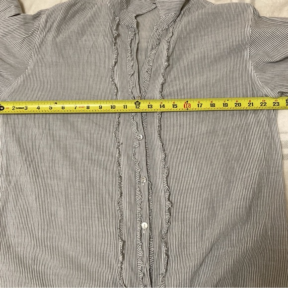 Chico's Blouse Ruffle Striped Button Up Shirt Blue White Long Sleeve Sz 3 Cotton - Picture 7 of 16